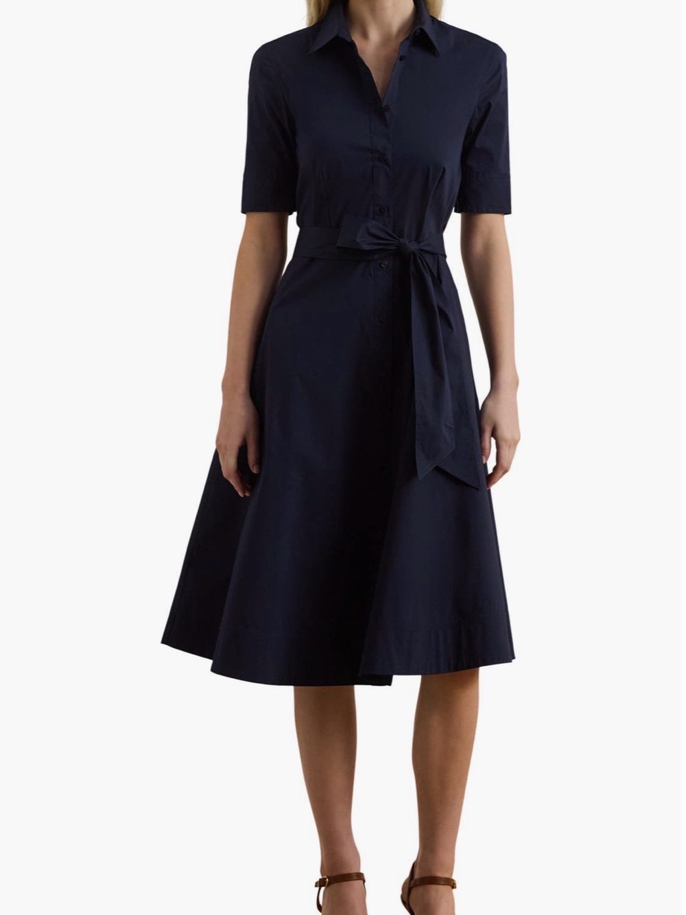 Lauren Ralph Lauren Navy Shirt-Waist Midi Dress with Tie Belt